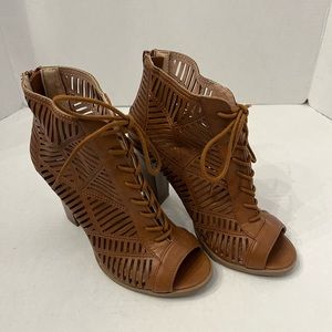 Western  Boho Summer Bootie Boot Laser-Cut  Lace-Up Open Toe Size 8
